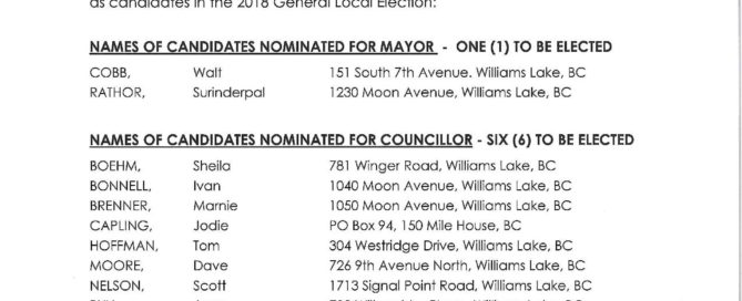 Williams Lake Declaration of Candidates for the 2018 General Local Election