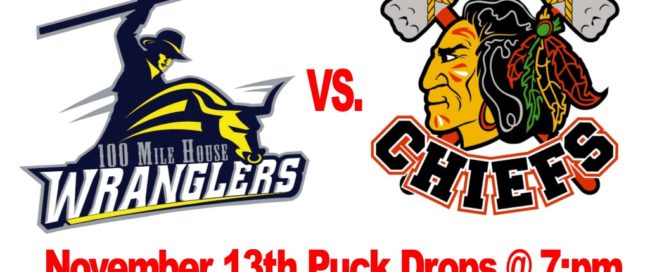 100 Mile House Wranglers vs the Kelowna Chiefs at the south Cariboo Rec Centre November 13th 2018